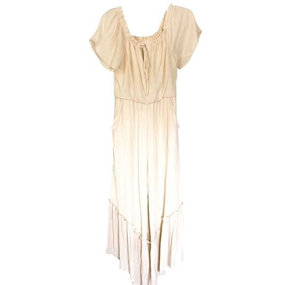 Lush Cream Tie Front Short Sleeve Wide Leg Bohemian Cottagecore Jumpsuit Small - Picture 5 of 8
